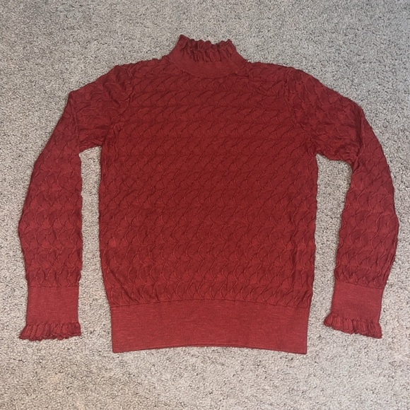 Sundance Frances Ruffle Turtleneck Sweater Scallop Pointelle Knit Rust Orange M - Picture 2 of 8